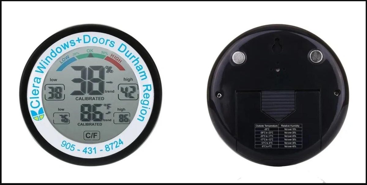 Clera Windows + Doors Durham Region custom-branded thermo-hygrometer