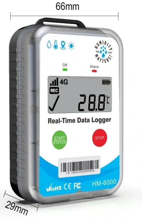 HM-6000 4G real-time data logger showing temperature reading, 4G signal, and start/stop buttons