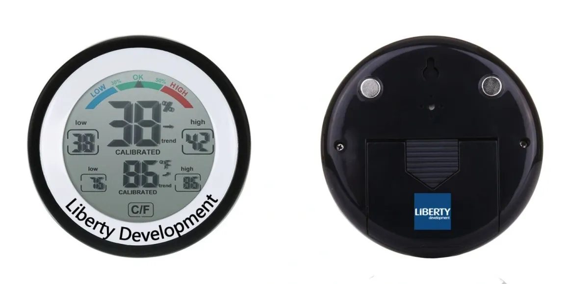 Liberty Development custom-branded thermo-hygrometer