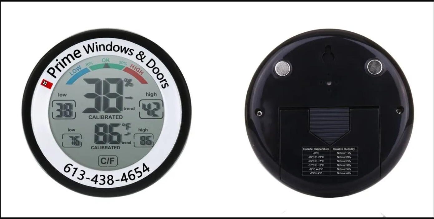 Prime Windows & Doors custom-branded thermo-hygrometer