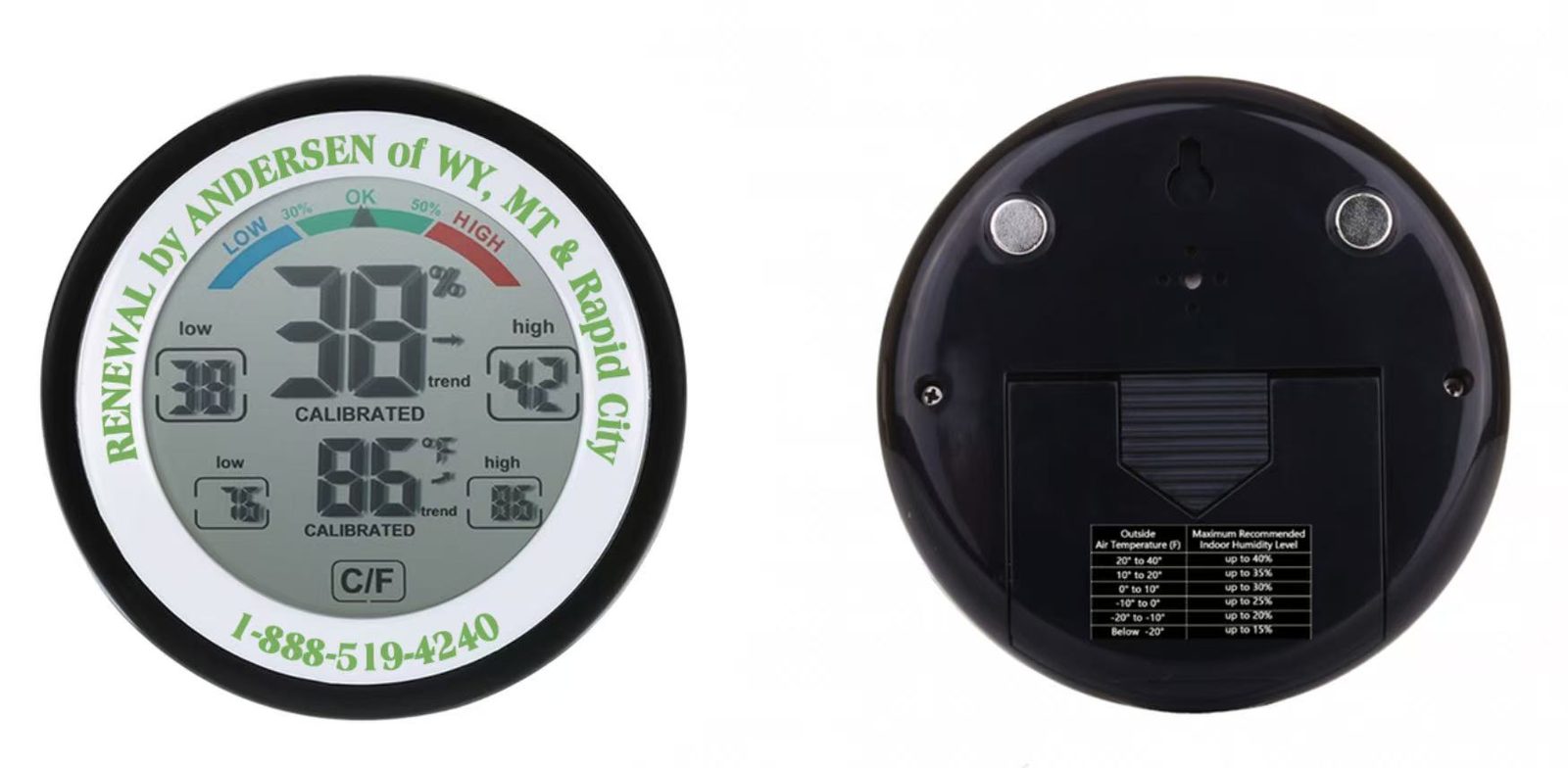 Custom-branded Renewal by Andersen of WY, MT & Rapid City thermo-hygrometer, front and back